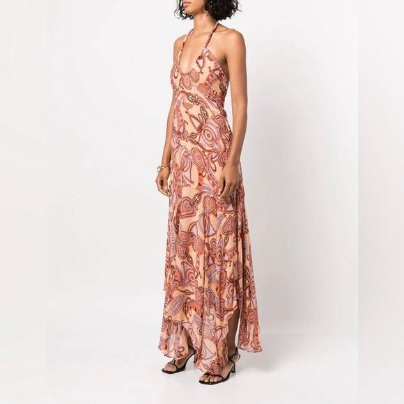 A.L.C. Nude Peach Multi Silk Amina Handkerchief Hem Midi Dress Sz.8 NWT - Picture 3 of 16